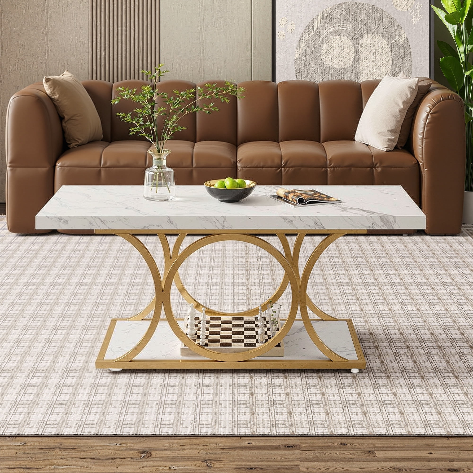 MAYEERTY Rectangle Coffee Table, 47.24" Center Table with Faux Marble Top