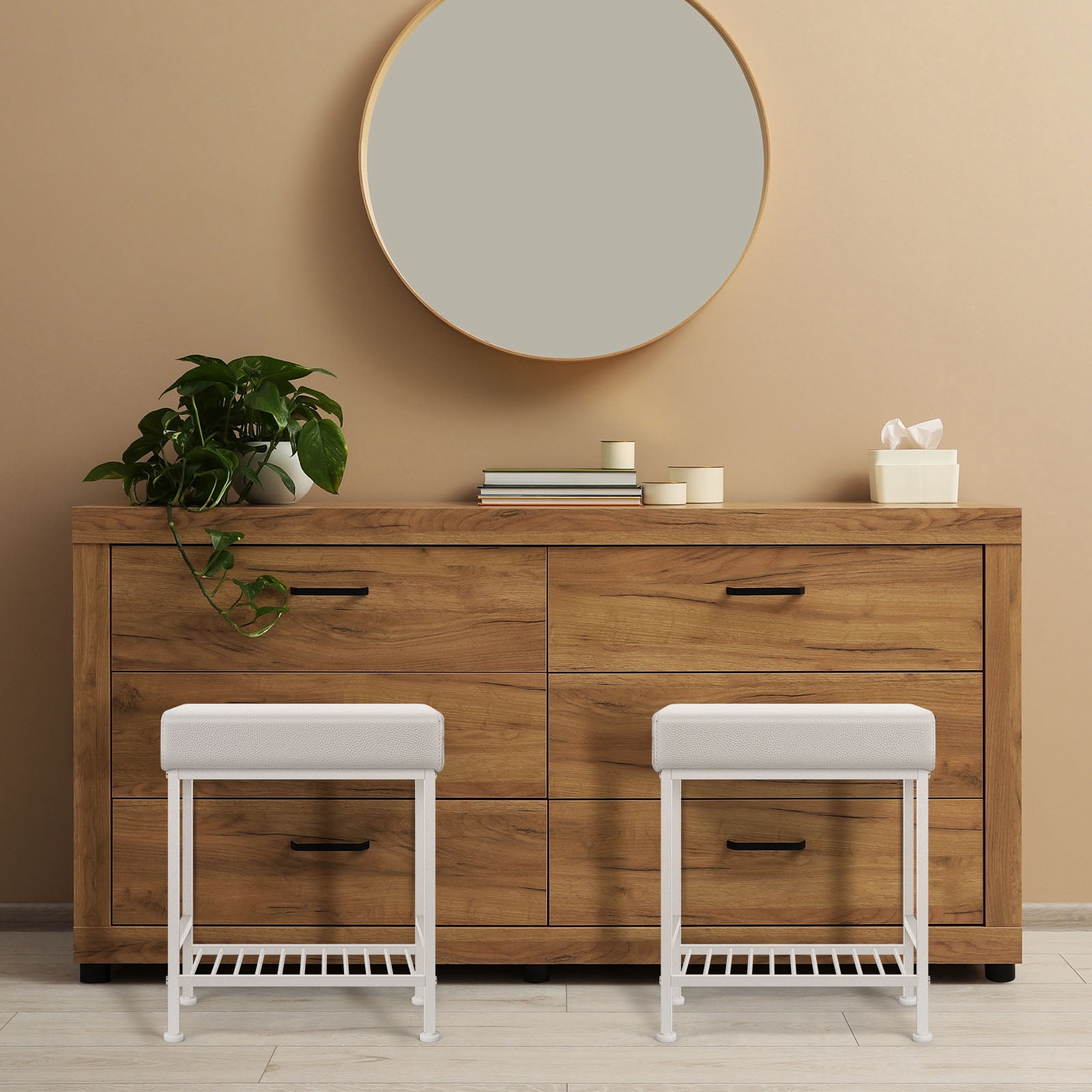 Small Ottoman with Storage Shelf, Square Ottoman Foot Rest Under Desk with Adjustable Leg, White Pouf Vanity Stool for Living Room, Bedroom