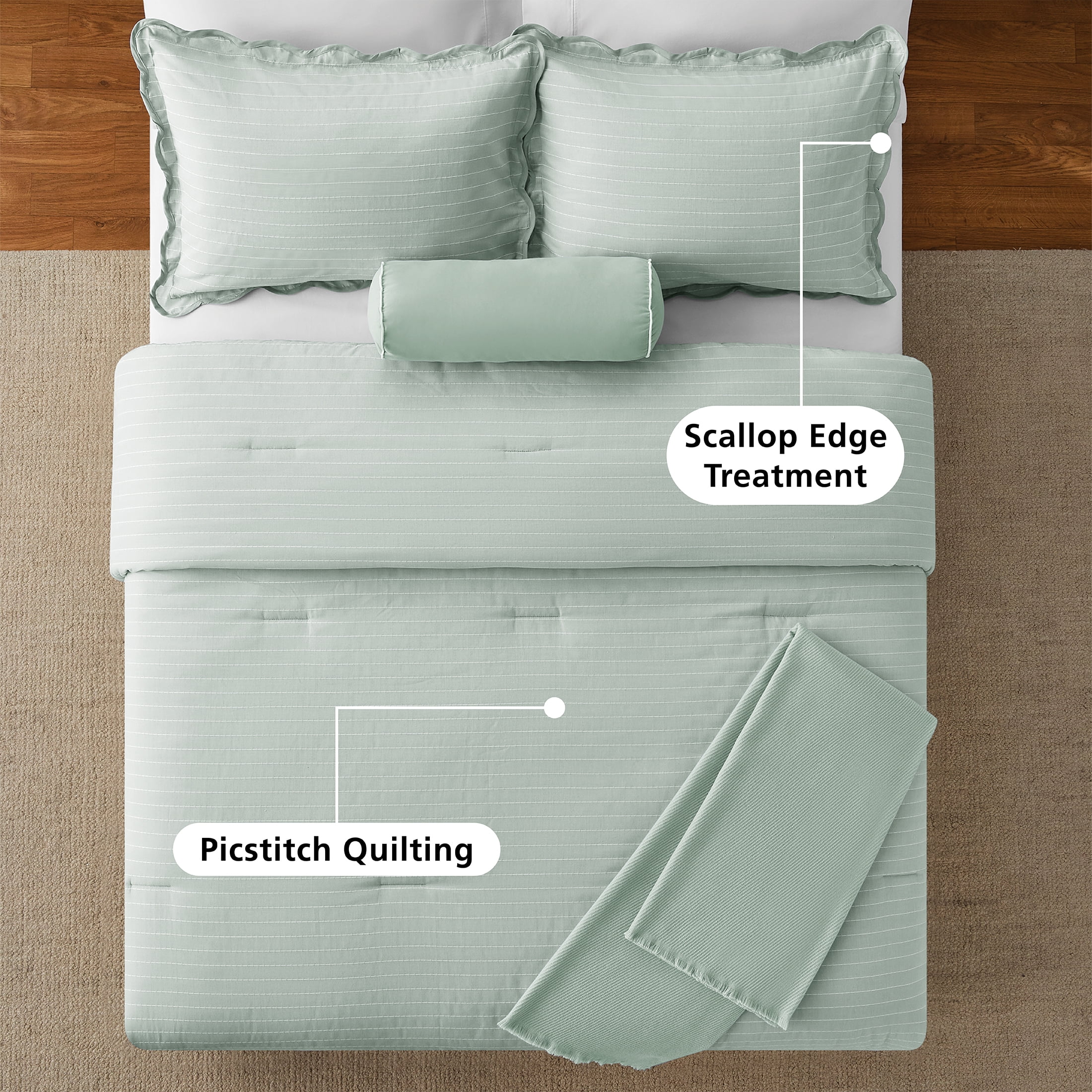 Mainstays King Comforter Set, All-Season, 5-Piece, Sage Pick Stitch Scallop