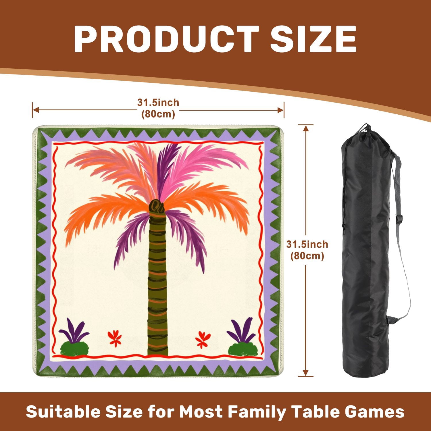 Mahjong Mat 31.5" x 31.5" Colorful Tropical Palm Tree Orange Purple Leaves Decorative Frame Non-Slip Noise Reduction American Mahjong Tiles Table Cover for Dominoes Poker Card Board Games Gift