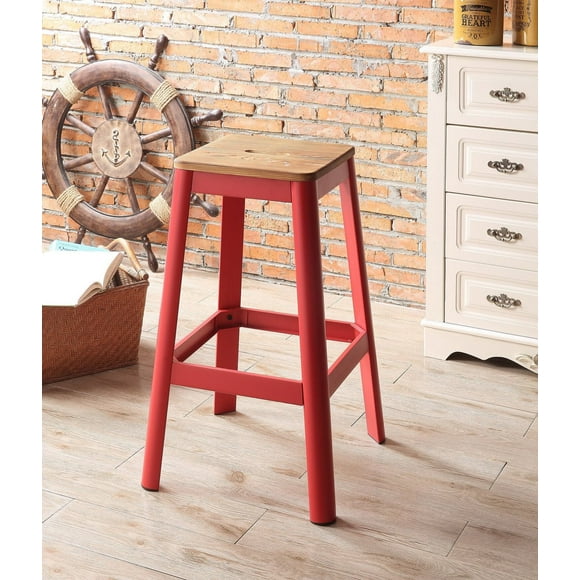 Tabouret de bar Jacotte ACME fini bois naturel et métal rouge