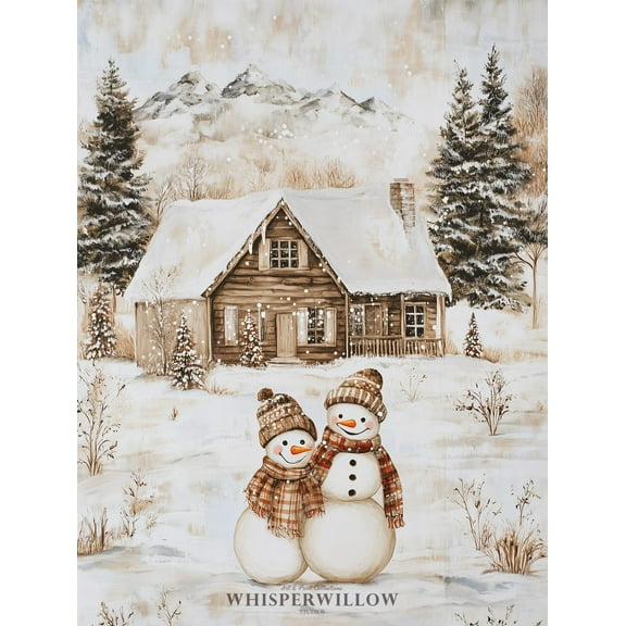 Velto Cozy Winter Snowmen Mountain Cabin Scene, Holiday Holiday Landscape, Snowy Wall Decor Canvas, 8x10 0.75-Inch Pine Wood Frame