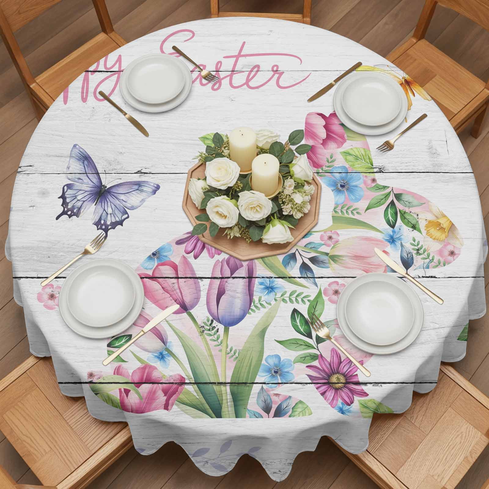 Round Tablecloth Happy Easter Waterproof Oil Proof Polyester Table Cloth Cover Decor for Home Dining Outdoor,Patio,Parties, 60" Dia. Spring Floral Rabbit Bunny Rustic Wood