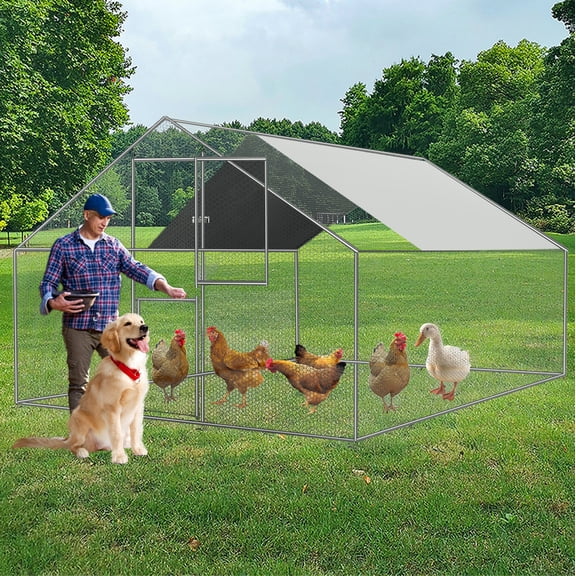 10' x 10' Metal Chicken Run, Heavy-Duty Walk-in Poultry Cage with Weatherproof Cover & Protective Mesh, Outdoor Pet Playpen for Hens, Ducks, Rabbits