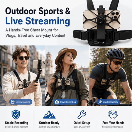 Mobile Phone Chest Mount Harness Strap Cell Phone Holder for Video Recording Bike Kayak Fishing Skateboard POV VLOG iPhone Samsung GoPro Hero 11 10 9 8 Insta360 DJI Action Camera