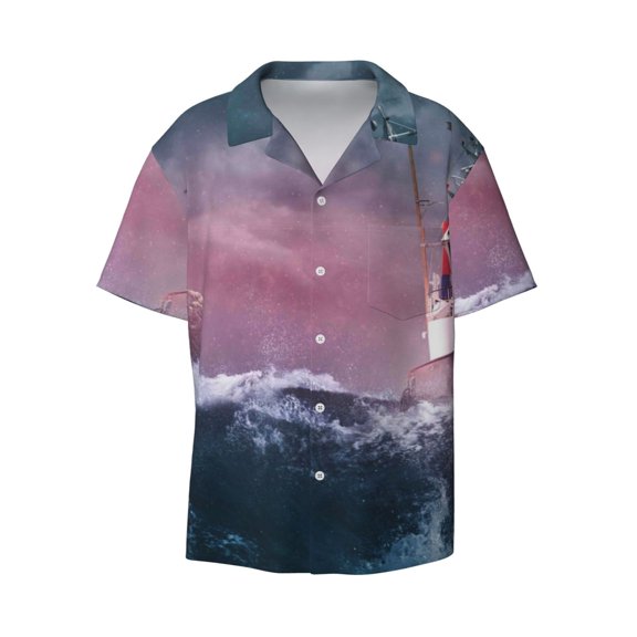 Xecao offers the Boat Lighthouse Storm Waves for Men's Casual Short-sleeved Shirt, a button-up collared shirt with a pocket, perfect for beach vacations and yacht travel in the Small size.
