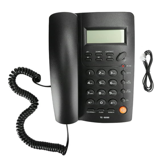 Teléfono fijo TC-9200 ABS negro con manos libres para identificación de llamadas, ideal para negocios, oficinas y hoteles.