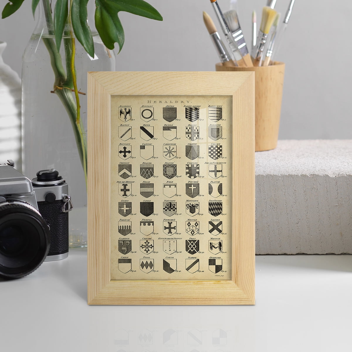 Vintage Heraldry I -Framed Print w/glass-Natural Wood