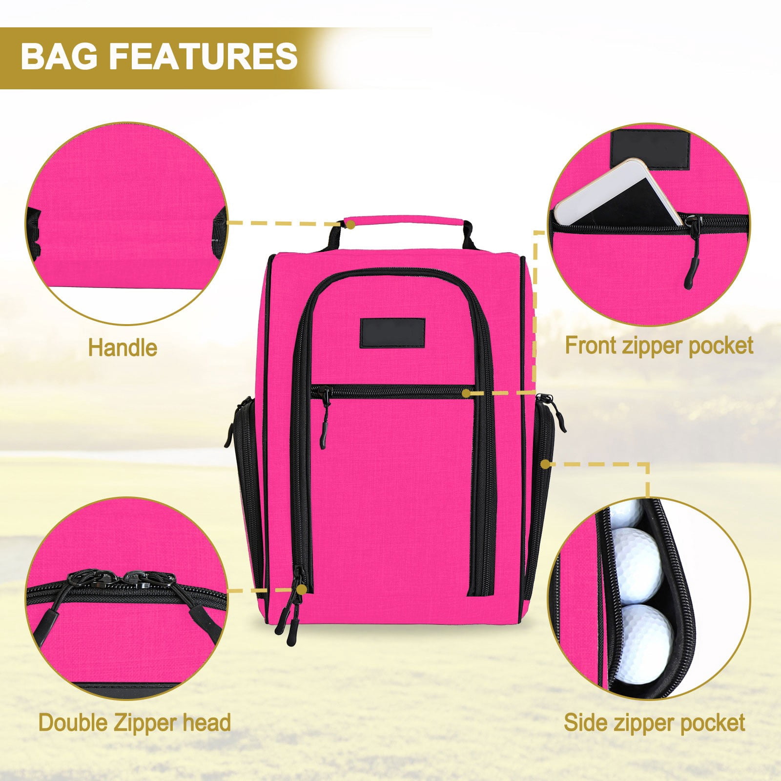 Golf Shoe Bag Portable Oxford Breathable Dustproof Travel Shoe Carrier with Side Pocket Double Zipper for Men Women Fits Up to Size 14 Hot Pink
