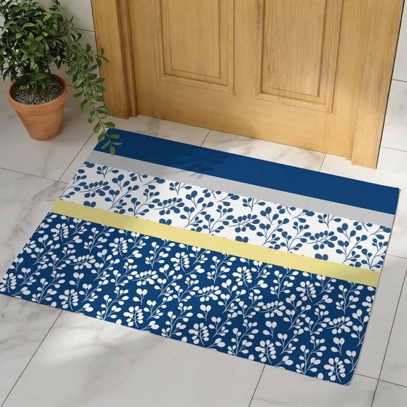 Blue Yellow Door Mat, Non Slip Bathroom Rugs, Botanical Floral Motifs Wildflower Striped Absorbent Floor Mats, Washable Runner Rug Indoor Doormat for Front Door Entrance, Patio, Garage 16"x24"
