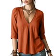 thumbnail image 3 of Vivianyo HD Women's V Neck Pleated Front Blouse, Curved Hem Cuffed Three Quarter Sleeve Shirt for Women, Spring Fall Loose Flowy Top for Office Casual and Weekend Brunch, Sizes S-2XL, 3 of 8
