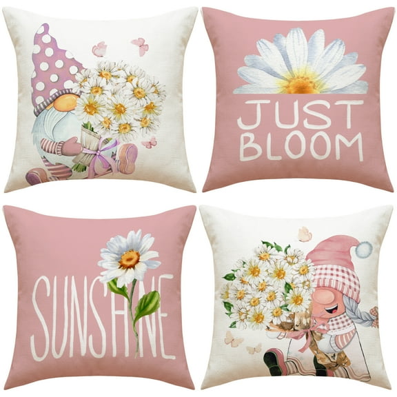 Sunyuer Spring Pillow Covers 18x18 Inch Set of 4, Spring Summer Farmhouse Throw Pillow Cover Daisy Floral Gnomes Cushion Case for Home Decor