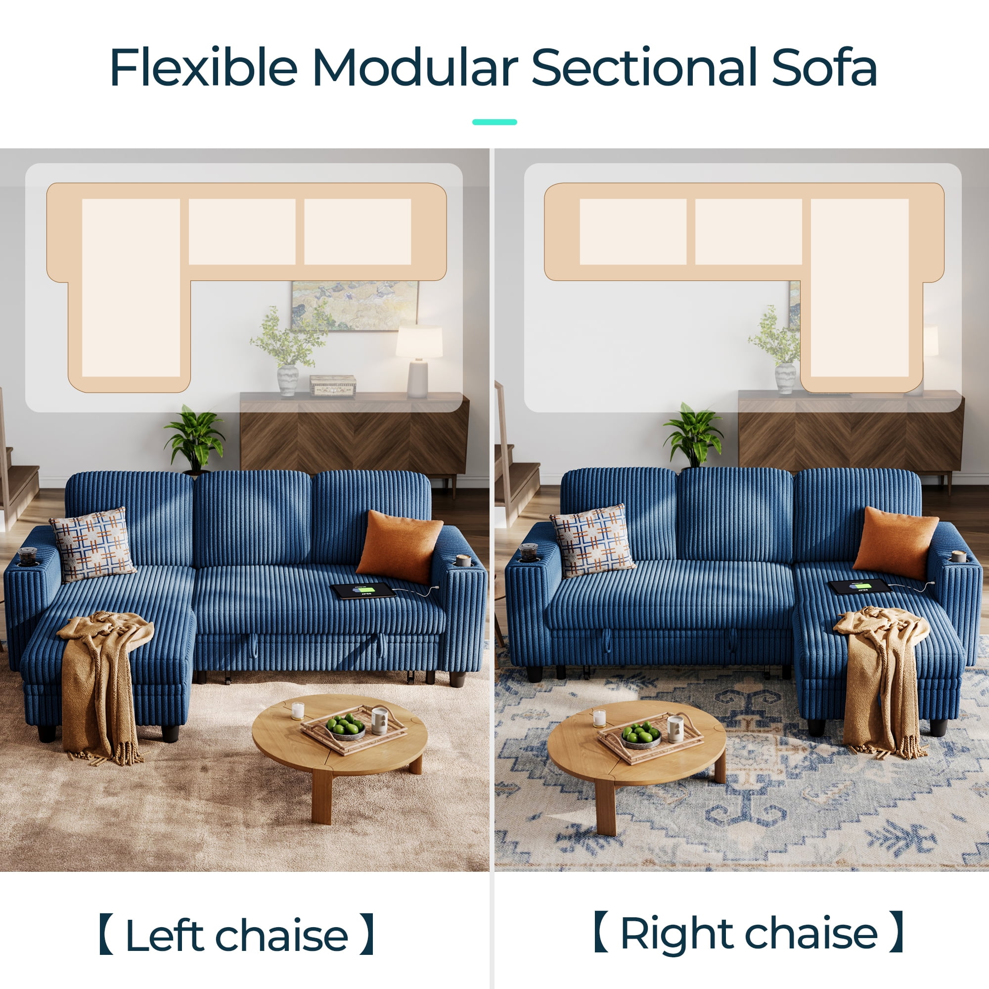 LINSY HOME L Shaped Sectional Couches for Living Room, Sleeper Sofa Bed with Reversible Storage Chaise, Pull Out Couch Bed with USB, Cup Holder, Dark Blue