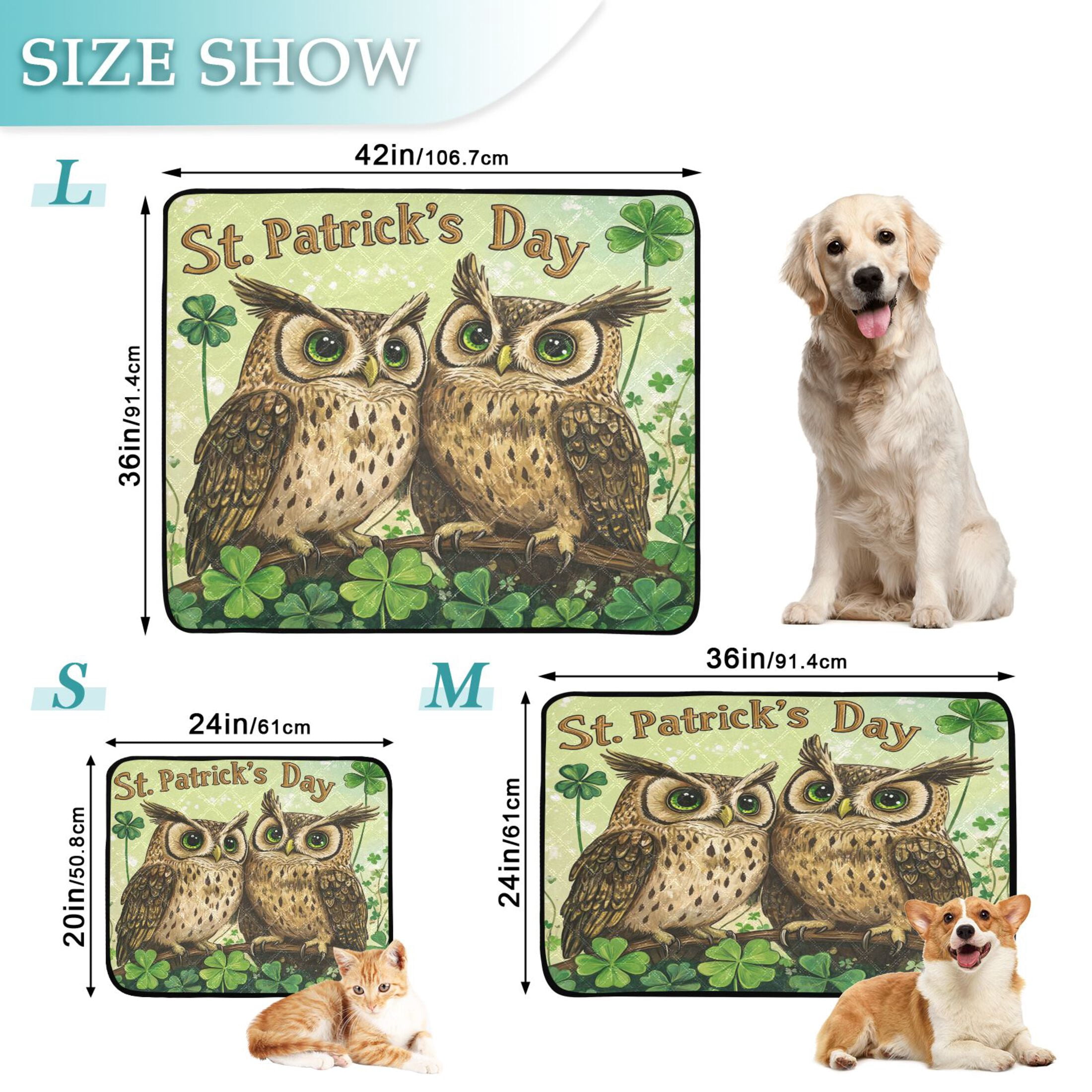 Qxltty Stpatricks Day Cute Owls Cat litter Pads Pet Set of 3 Diaper Mats Center Anti-leakage Layer Absorbent Soft and Comfortable