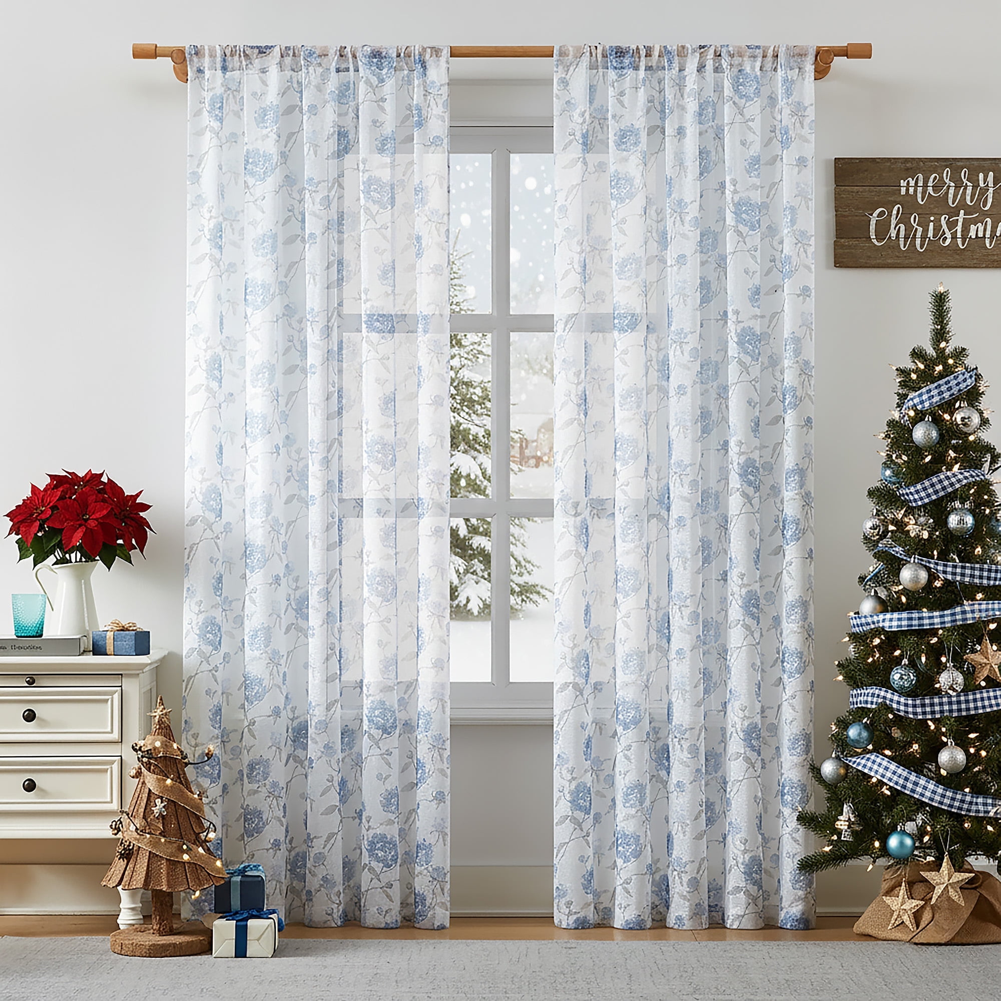 Bohogeo Blue Floral Leaf Print Poly Sheer Curtains with Linen Texture,2 Panels,84 inches in Length,Light-Filtering Privacy-Friendly Window Drapes with Rod Pocket for Living Room Decor,52W x 84L