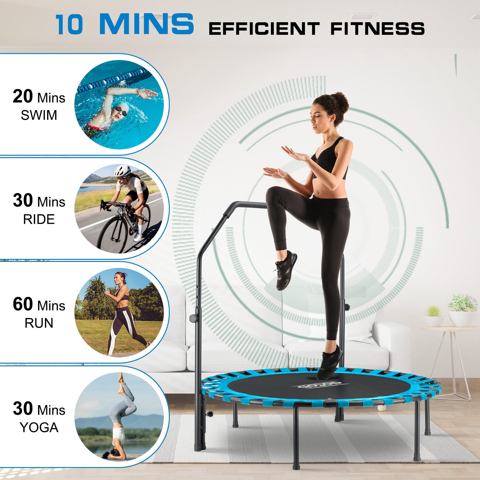 AOTOB 48” Fitness Trampoline for Adults, Foldable Mini Rebounder with Durable Bungees for Workouts Sports, 550lbs