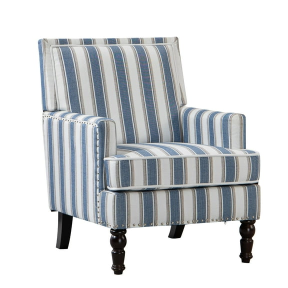 Mid Century Accent Chair Comfy Armchair with Wooden Legs & Nailhead Trim, Blue and White Striped Vintage Arm Chair, Blue