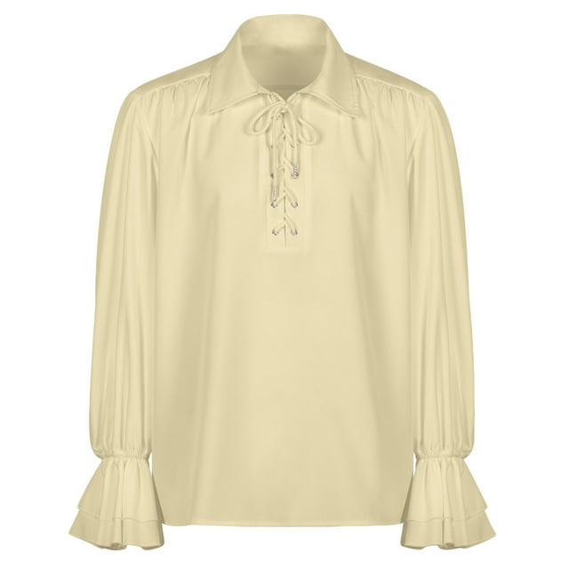 AherBiu Mens Long Sleeve Shirts Ruffle Renaissance Steampunk Lapel Collar Adjustable Drawstring Pirate Shirt