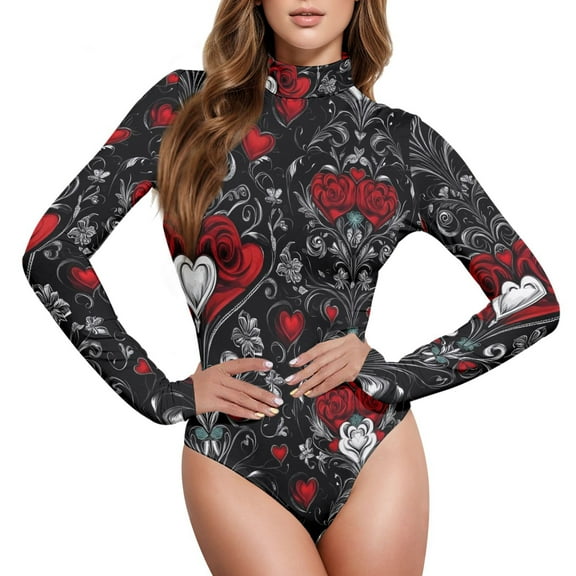 joogoo Valentines Hearts Flower Women's Mock Turtle Neck Long Sleeve Bodysuit L
