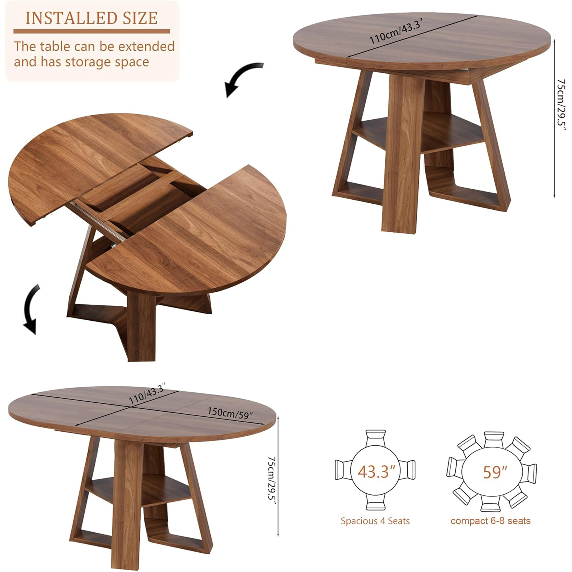 Extendable Round Dining Table for 4-6, Modern Kitchen Oval Dining Table with Removable Leaves for Living Room, Walnut