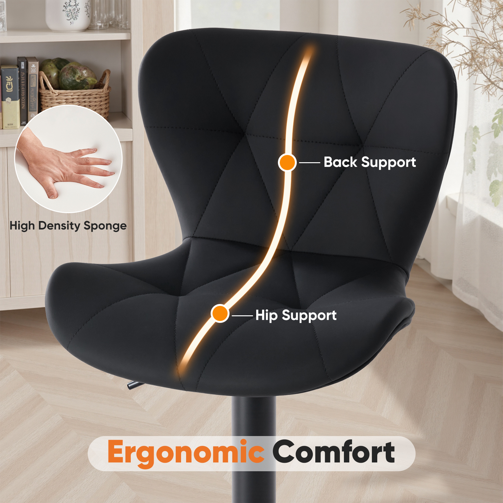 EDX Bar Stools Set of 2, Modern Adjustable Armless Swivel Counter Stools with PU Leather, Black