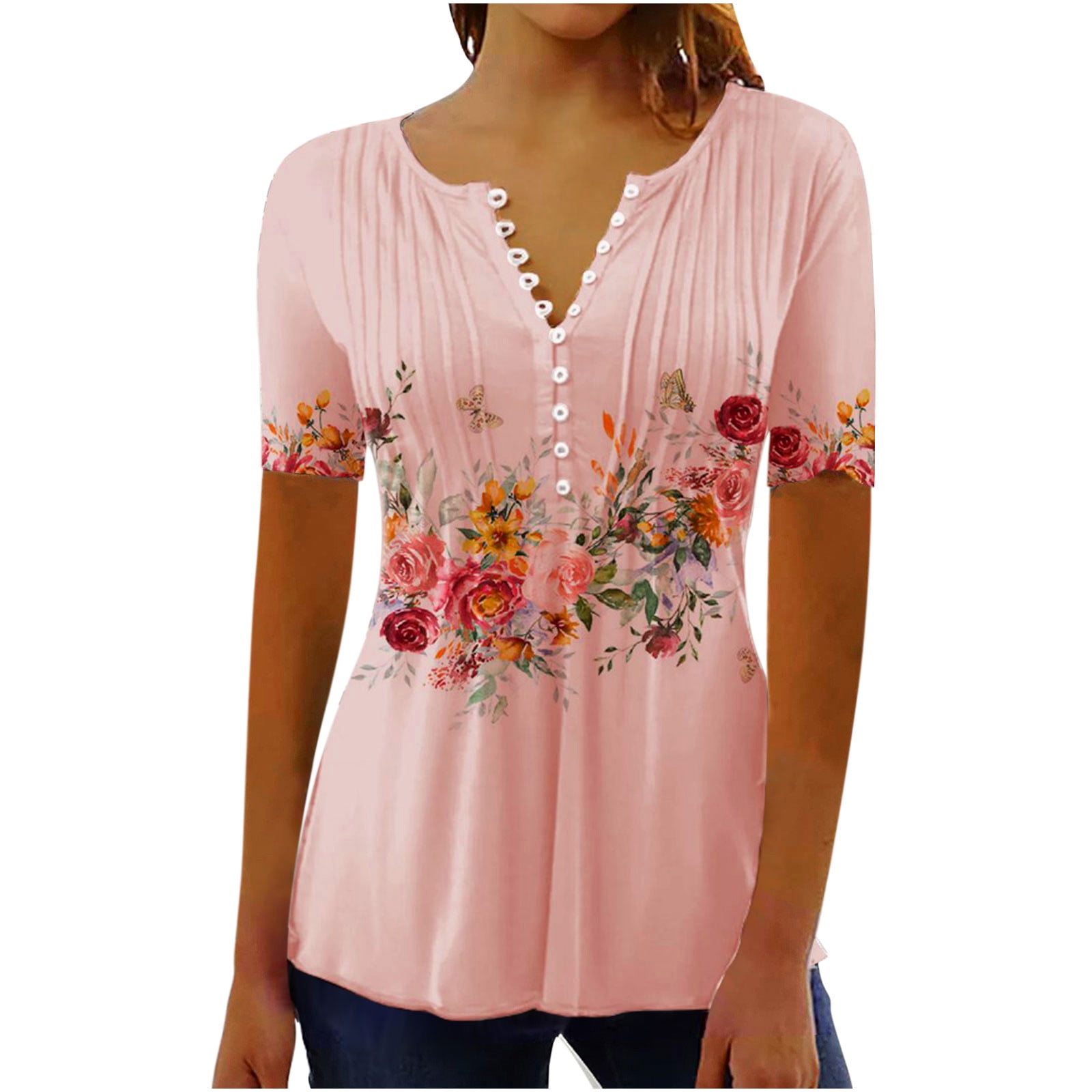 Oalirro Summer Floral Pink Tops for Women - Ladies Blouses (XL ...