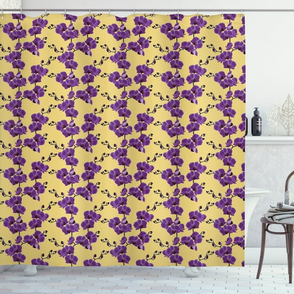 Orchids Shower Curtain, Tropical Violet Bouquets Blooming in Season Revival Exotic Flora Pattern, Fabric Bathroom Set with Hooks, 69W X 75L Inches Long, Purple and Mustard, by Ambesonne