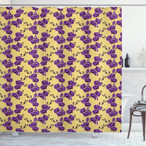 Orchids Shower Curtain, Tropical Violet Bouquets Blooming in Season Revival Exotic Flora Pattern, Fabric Bathroom Set with Hooks, 69W X 70L Inches, Purple and Mustard, by Ambesonne
