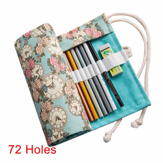 CAROOTU Pencil Case Canvas Roll Pouch Comestic Makeup Brush Case Pencil Curtain Bag Pattern Printed