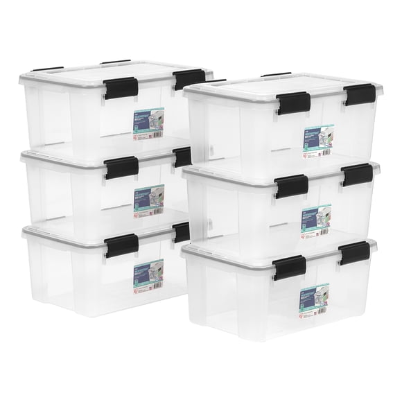 Contenedores de almacenamiento IRIS USA WeatherPro de 19 cuartos de galón con tapas, 6 unidades, transparentes/negros