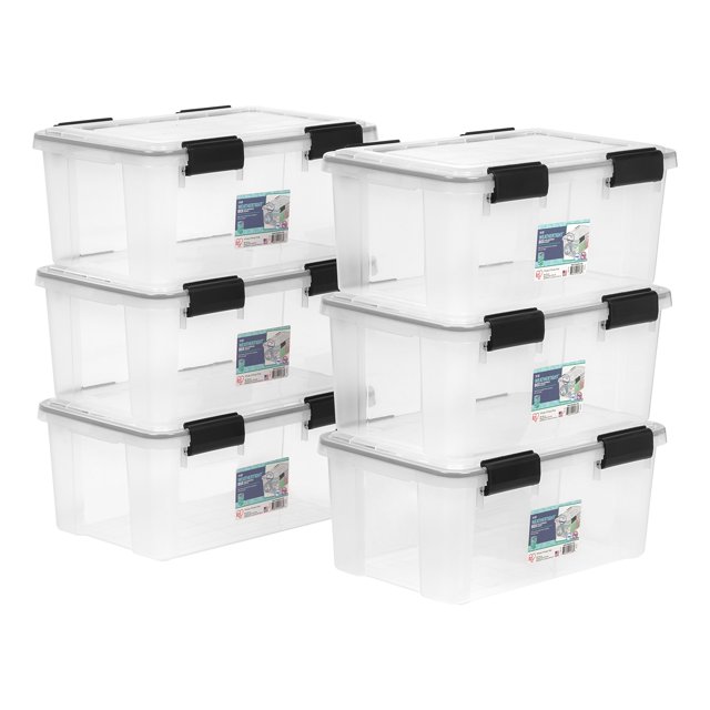Contenedores de almacenamiento IRIS USA WeatherPro de 19 cuartos de galón con tapas, 6 unidades, transparentes/negros