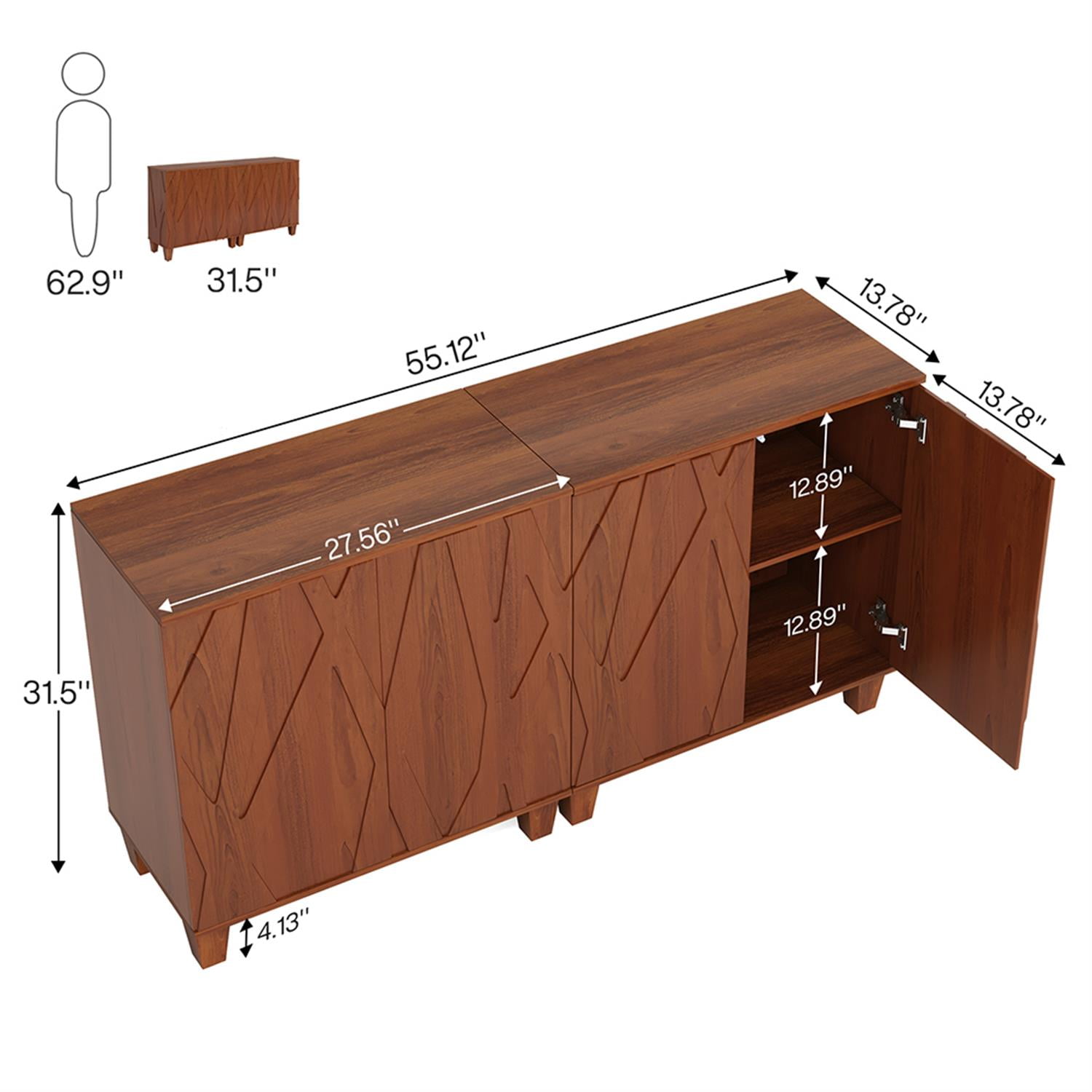 Demi Bonn 55" Sideboard Buffet Storage Cabinet with Solid Wood Legs, Credenza Accent Cabinet for Kitchen Entryway Living Dining Room, Brown