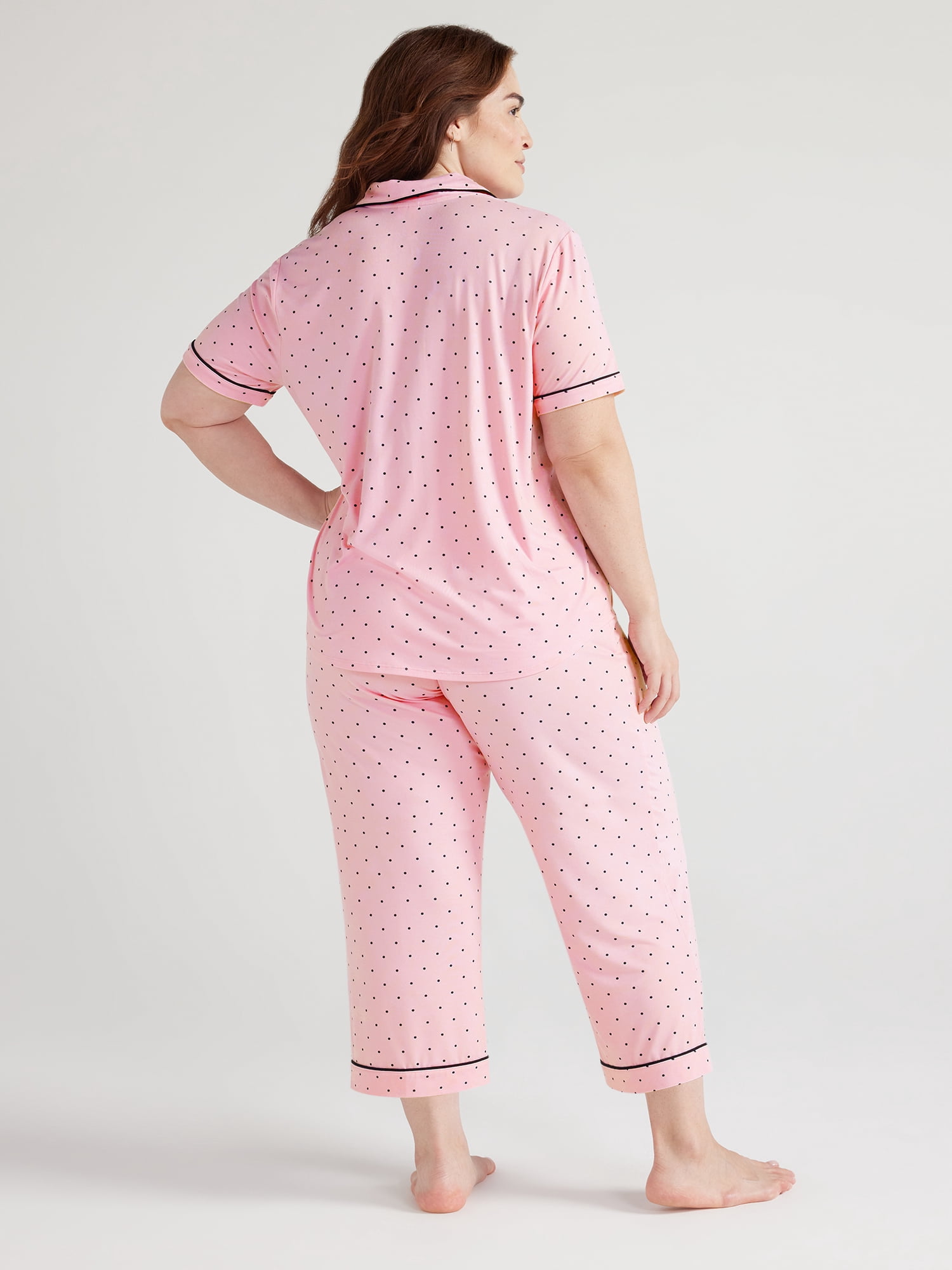 Joyspun Women's Knit Short Sleeve Notch Collar Top and Capri Pajama Set, 2-Piece, Sizes S to 3X