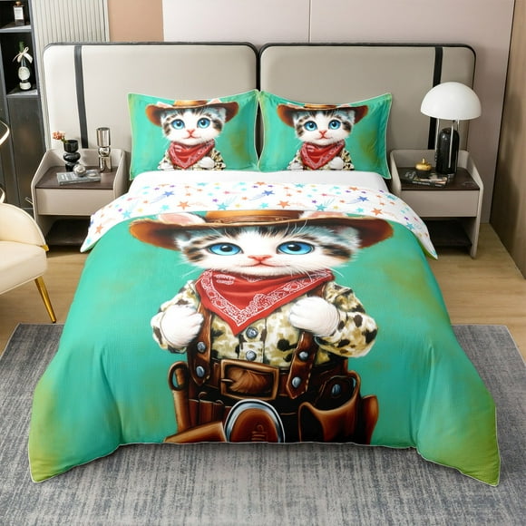 Erosebridal Western Cat 100% Cotton Comforter Cover Twin, Kawaii Kitten 100% Cotton Comforter Cover Twin, Pet Lover Decor, Reversible 2pcs（No Comforter）