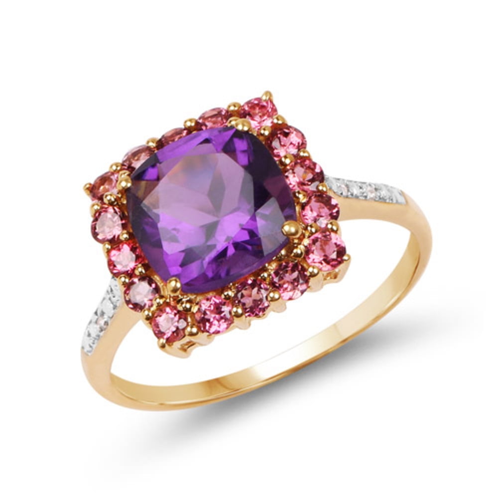 Genuine Cushion Amethyst, Pink Tourmaline and Diamond Ring in 10k Yellow Gold Size 6.00 by Bonyak Jewelry