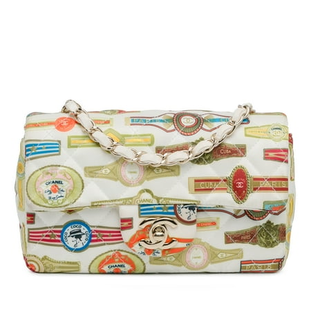 Pre-Owned Authenticated Chanel Mini Rectangular Classic Printed Cuba Single Flap Satin Fabric White Crossbody Bag Unisex (Good)