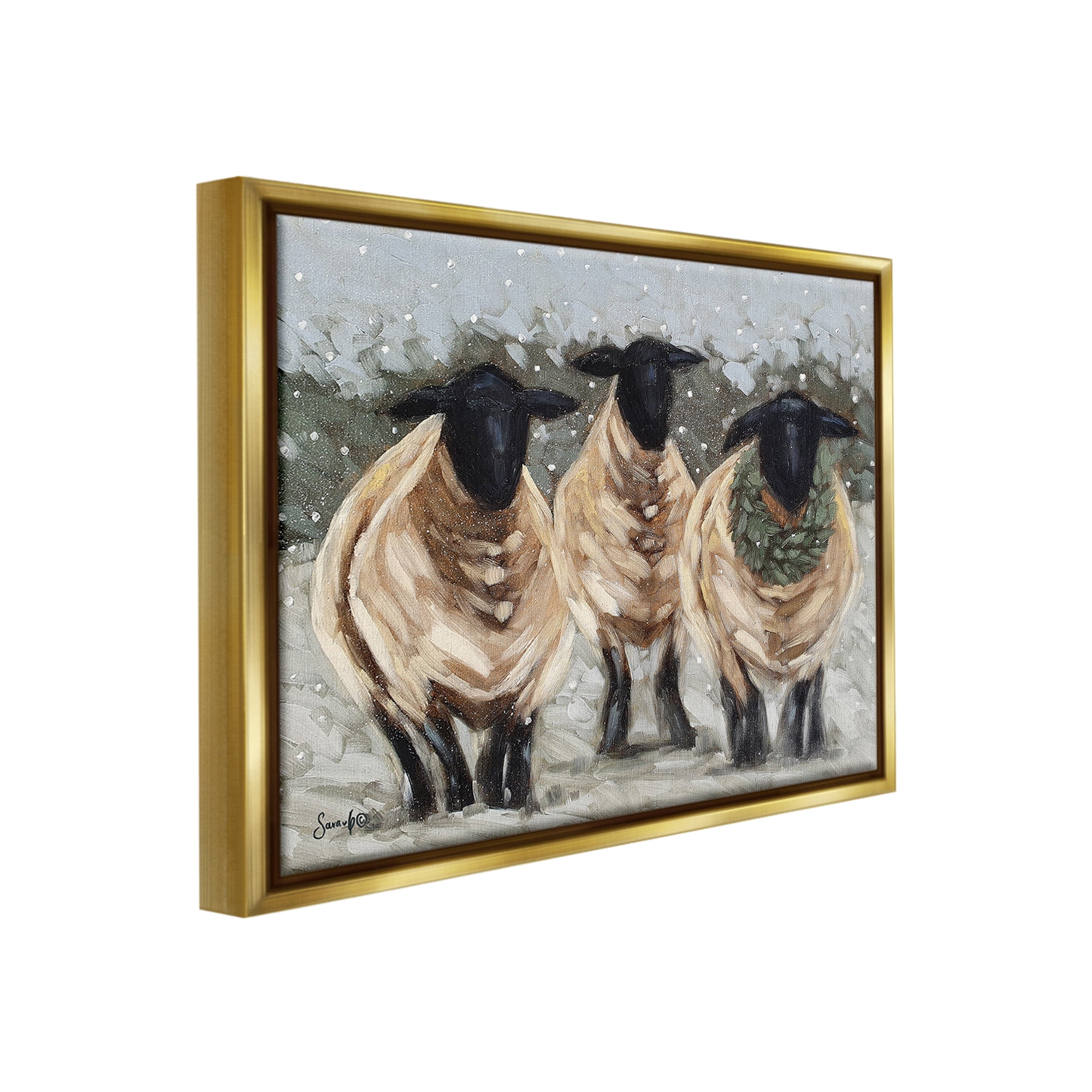 Stupell Industries Sheep in Winter Scene Animals & Insects Painting Gold Floater Framed Canvas Art Print Wall Art, 31 x 25