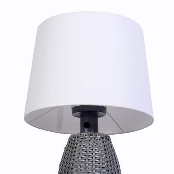 Ceybo 28" Outdoor/Indoor Table Lamp Gray Rattan Modern Boho Waterproof Lighting with White Drum Shade