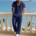 thumbnail image 6 of Kakii Men's Beach Hoodie Set, Light Taupe Short Sleeve Hooded Shirt & Drawstring Pants, Linen Blend Casual Lounge Outfit for Vacation, 6 of 9