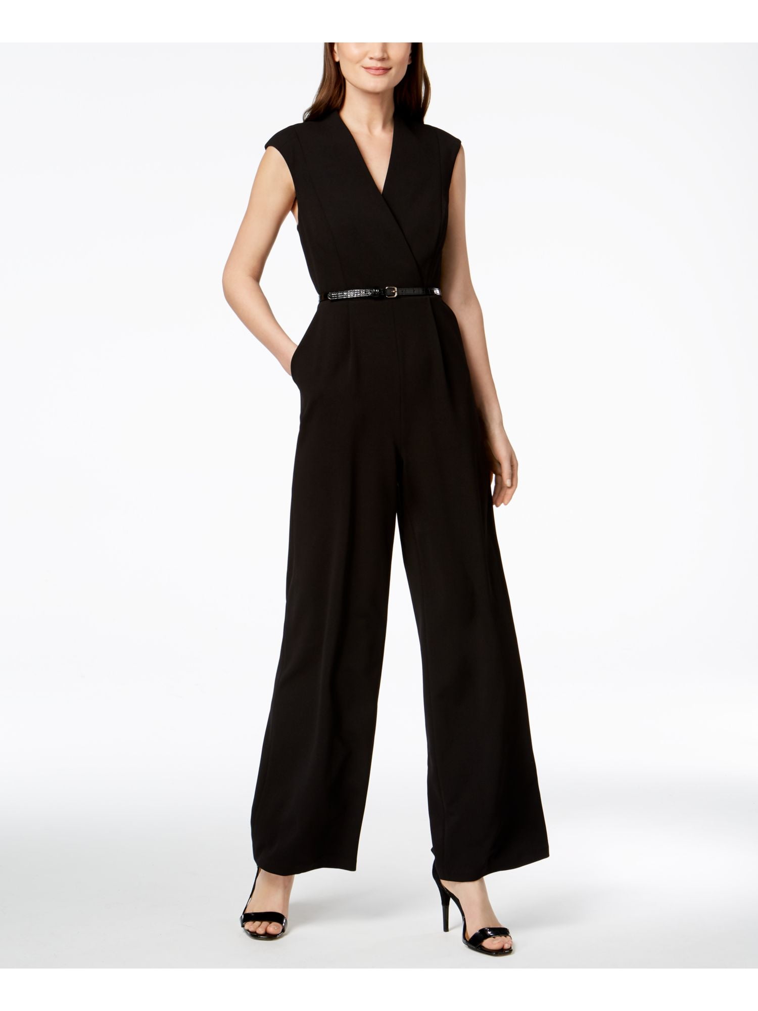 CALVIN KLEIN Womens Black Belted Solid Short Sleeve V Neck Wide Leg Jumpsuit  Size 4 