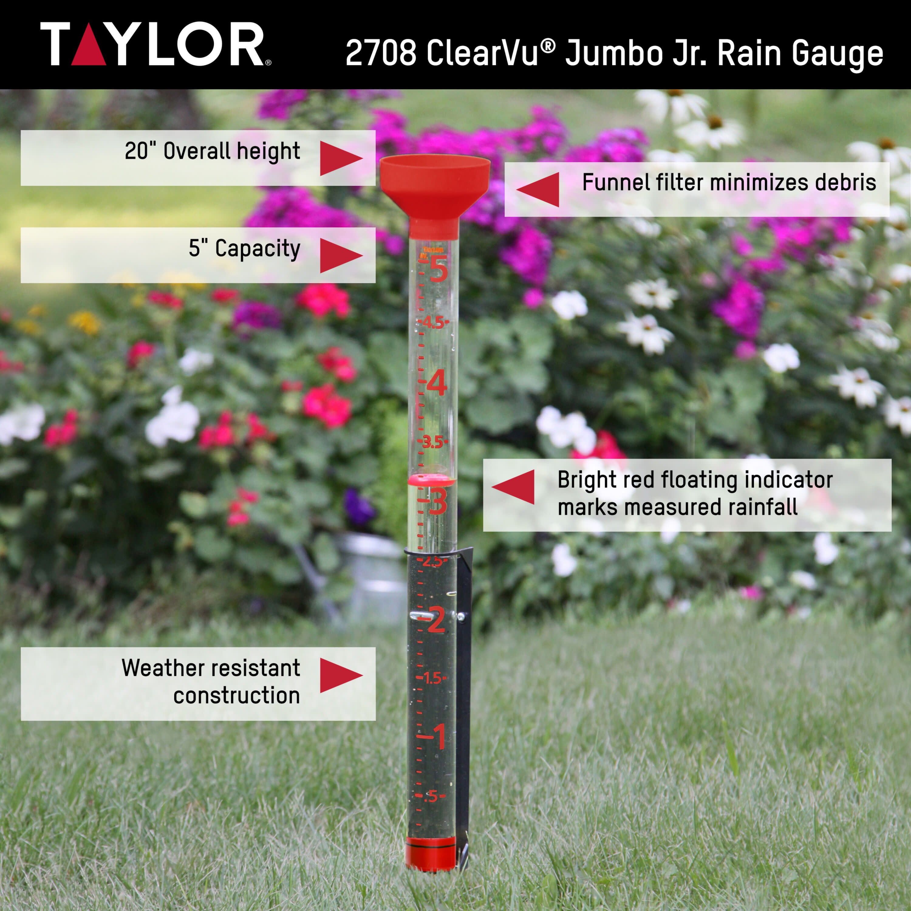 Taylor Jumbo Jr. Rain Gauge 5 inch Capacity with Easy-to-View Feature