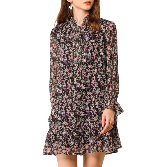 INSPIRE CHIC Women's Ruffle Tie Neck Casual Loose Shift Floral Dress S Black