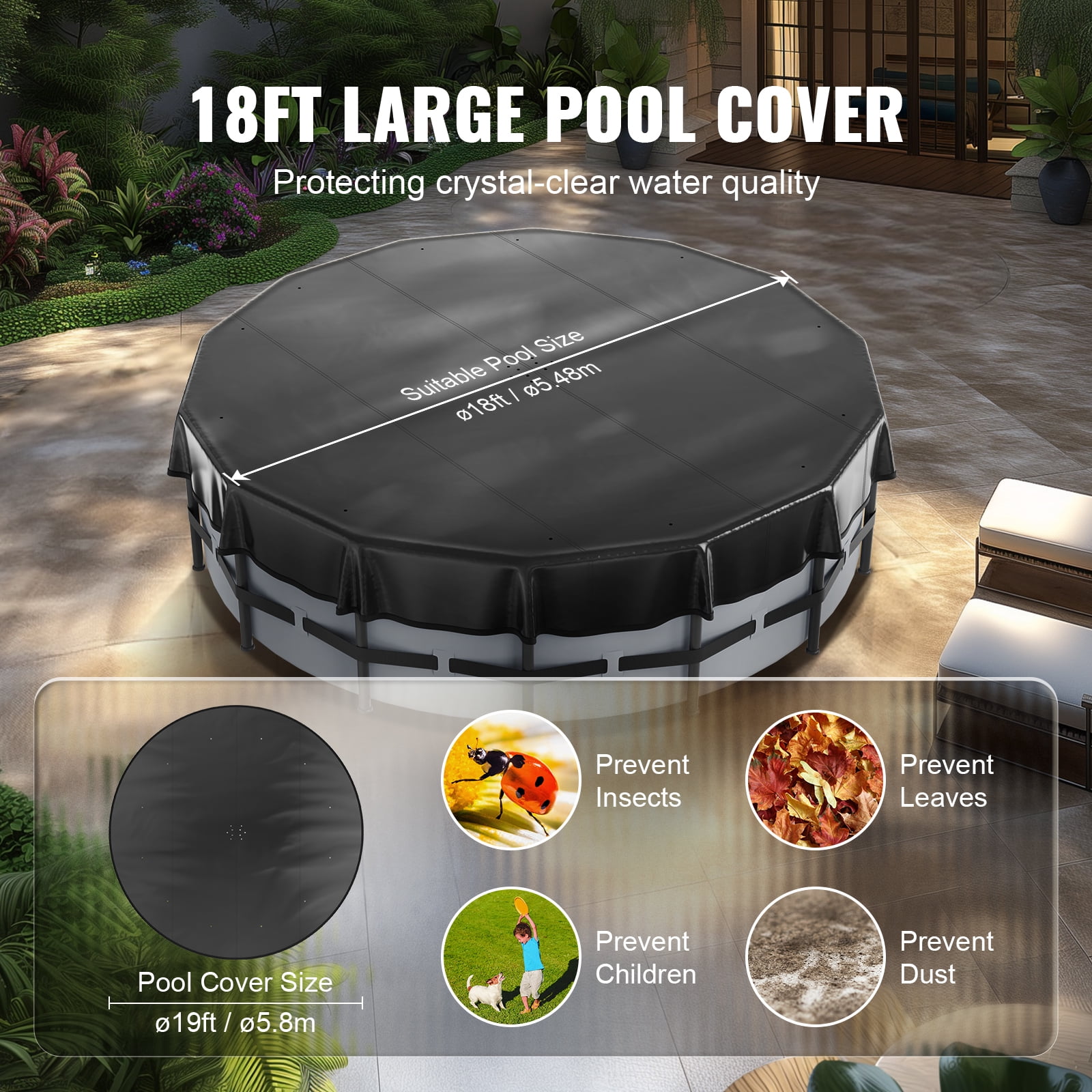 SKYSHALO Round Pool Cover, 18 Ft PVC Swimming Round Pool Solar Cover Above Ground Drawstring Design Inflatable Pools Cover, Black