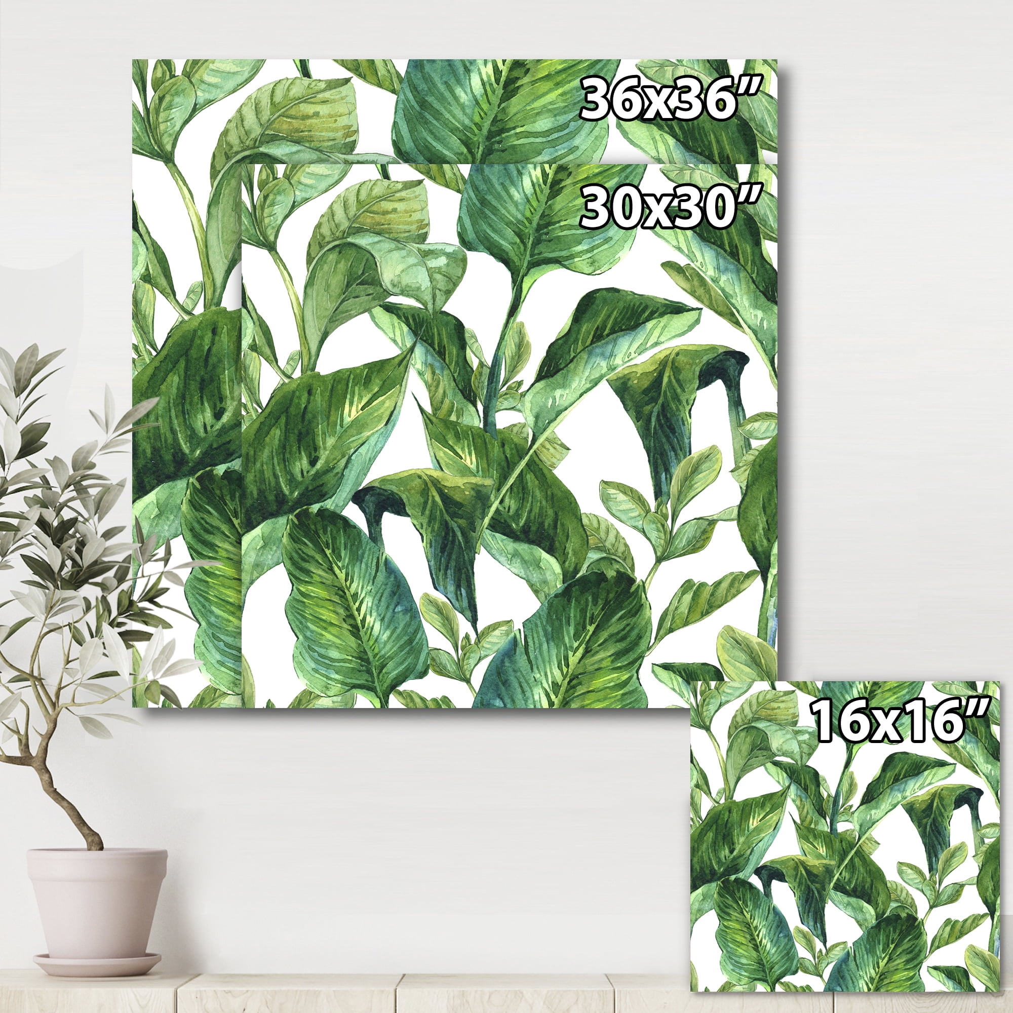 Designart ' Foliage Of Tropical Leaves On White ' Tropical Canvas Wall Art Print