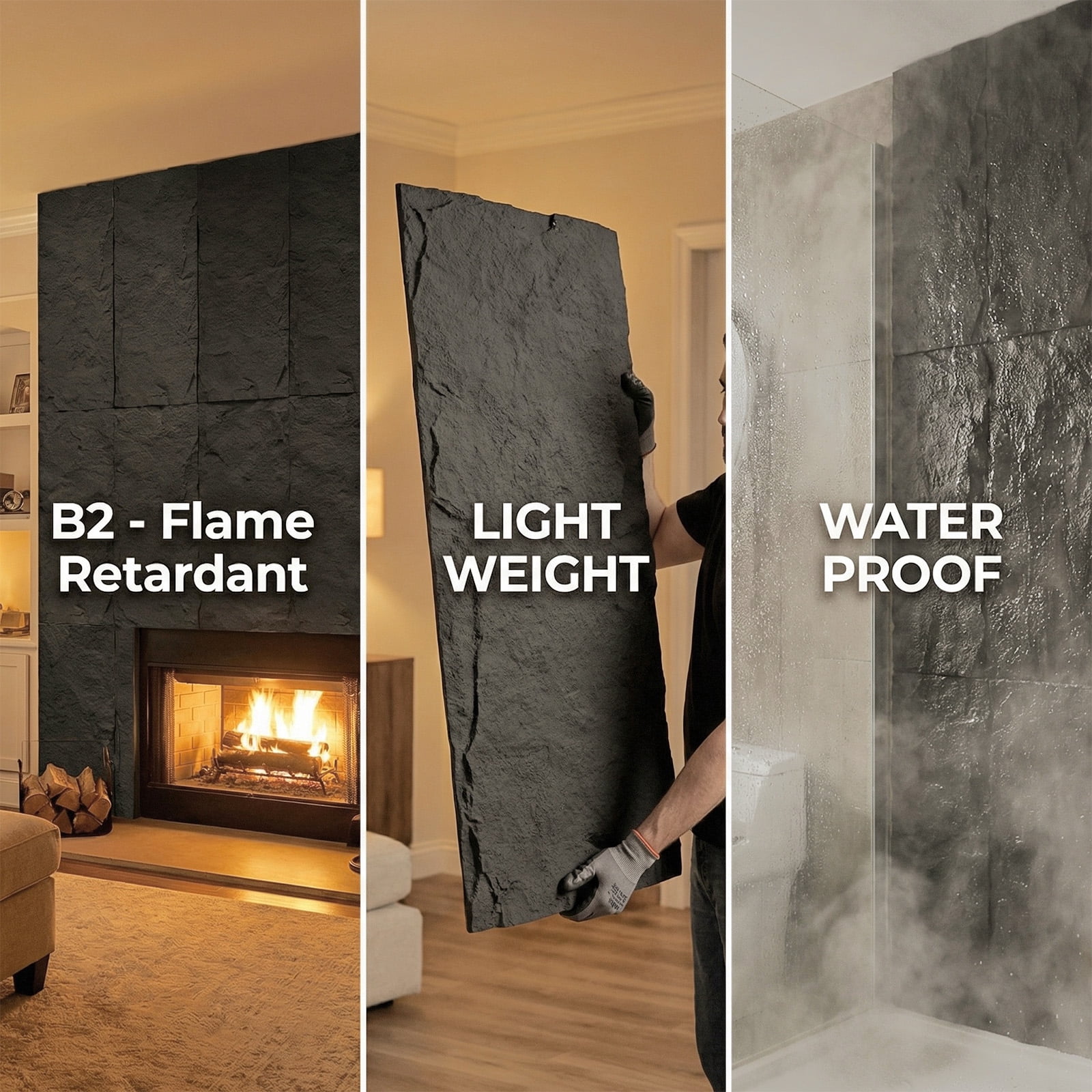 Easy4Home 4Pcs 48"x24" 3D Faux Stone Wall Panels Imitation Decorative Wall Tiles for Interior Wall Decor, Carbon Gray
