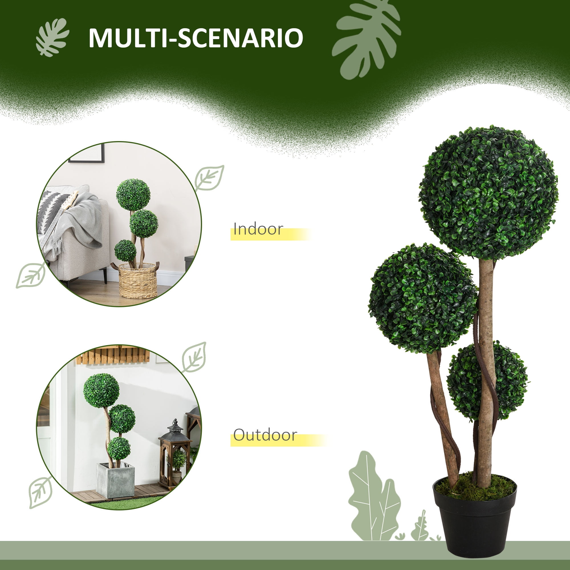HOMCOM 35.5" Artificial Plant for Home Decor Indoor & Outdoor Fake Plant Artificial Tree in Pot, Ball Boxwood Topiary Tree, Dark Green