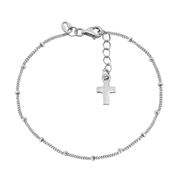 Dangling Rosary Mini Cross Basic Bead Link Sterling Silver Bracelet