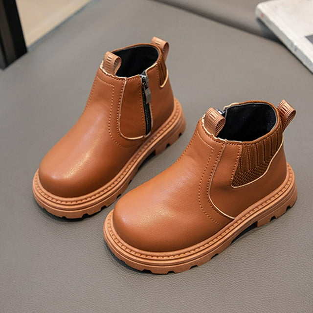 HOZADOIE Girls Boots Solid Color Stylish British Style Versatile Slip Resistant Short Top Single Leather Leisure Martin Boots Shoes with Side Zipper Closure Fall Winter Styles 1-8Years
