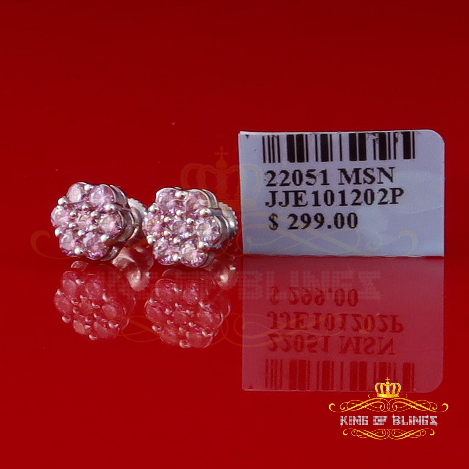 King of Bling's 925 Silver White 1.00ct VVS 'D' Pink Moissanite Floral Mens/Womens Stud Earrings