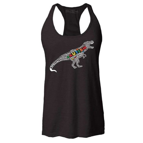 Shop4Ever Women's Autism Awareness Dinosaur Word Cloud Racerback Tank Top Large Black